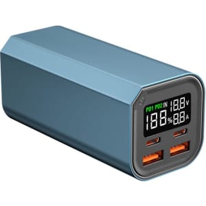 A power bank in light blue with two USB ports and a digital display for charging devices.