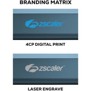 A promotional product featuring a power bank in blue with a logo. Displays branding options for customisation.