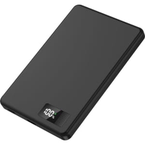 A black power bank with a slim design, featuring a digital display for charge level and a logo.