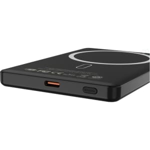 A black power bank with a sleek design, featuring a charging pad and USB-C port. It has a logo on the surface.