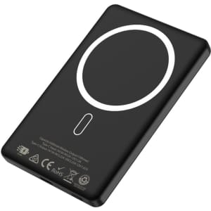 A black MagSafe power bank with a circular design on the surface and a logo, featuring a capacity of 5000 mAh.