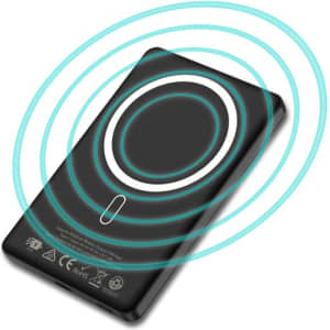 A black MagSafe power bank with wireless charging indication and a logo design. Features a slim profile.