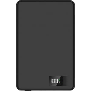 A black 15W MagSafe power bank with a digital display showing battery percentage. It has a sleek, ultra-thin design.