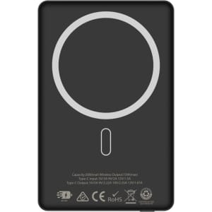 A black MagSafe power bank with a capacity of 5000 mAh, featuring a circular charging area and a branding logo.