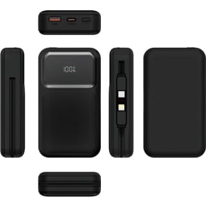 A black power bank featuring a retractable cable and digital display, showcasing multiple angles of the product.