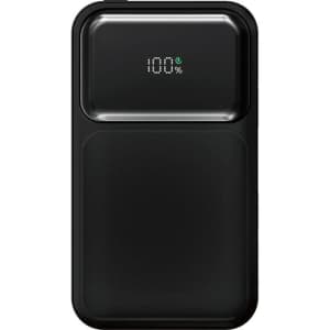 A black power bank with a textured surface and digital display showing battery percentage. It features a branding logo.
