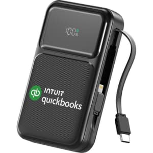 A black retractable cable power bank with a digital display and branding, featuring a 10000 mAh capacity.