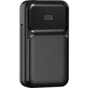 A black retractable cable power bank with a textured design and a digital battery percentage display.
