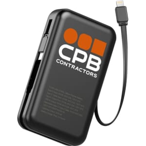 A black retractable cable power bank with a capacity of 10000 mAh and a logo on the surface.