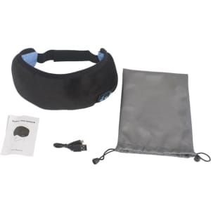 A Bluetooth eye mask in black and blue, accompanied by a charging cable, carrying pouch, and user manual.
