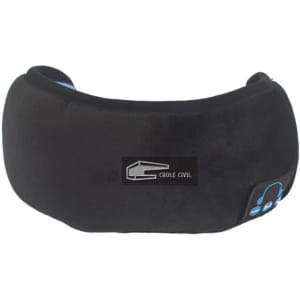 A black Bluetooth eye mask with a logo, designed for comfortable wear and integrated headphones.