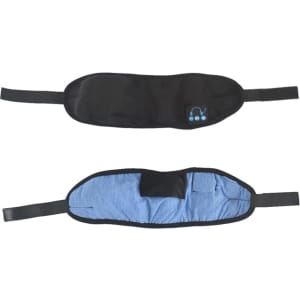 A black and blue Bluetooth eye mask with adjustable straps and a logo on one side.