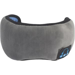 A grey Bluetooth eye mask with a black panel featuring controls, designed for comfort and technology use.