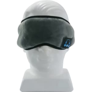 A grey Bluetooth eye mask is displayed on a white head model, featuring a logo on the side.