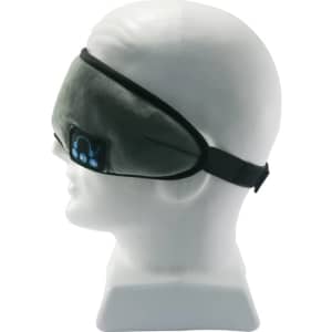 A Bluetooth eye mask in black, featuring a logo, displayed on a white mannequin head.