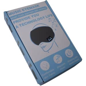 A blue box containing a Bluetooth eye mask with a logo, featuring a sleek design and illustrations.