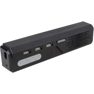 A black omnidirectional speaker phone with multiple USB ports and a speaker grille. It features a logo on the side.