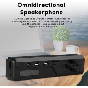 A black omnidirectional speakerphone with multiple buttons and ports, designed for high-fidelity sound quality.
