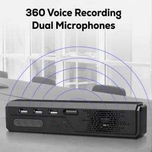 A black omnidirectional speaker phone with dual microphones and multiple USB ports, featuring soundwave graphics.