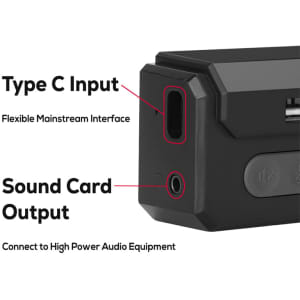 A black speaker phone with Type C input and sound card output ports on the side.
