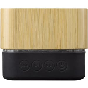 A bamboo wireless speaker with a black base and control buttons at the bottom, featuring a sleek design.