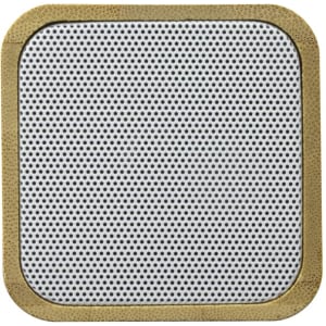 A square bamboo wireless speaker featuring a white mesh front and a natural bamboo frame. It has a logo.