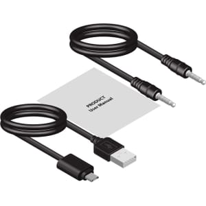 A collection of cables including a USB cable, an audio cable, and a user manual, all in black.