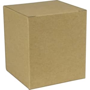 A plain brown cardboard box, featuring a square shape with flaps on top for closure.