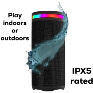 A black wireless speaker with a multi-coloured light strip, featuring a textured exterior and an IPX5 rating.