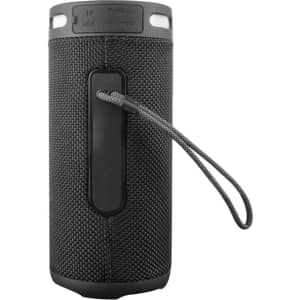 A black wireless speaker with a textured surface, featuring a carry strap and a logo on the side.