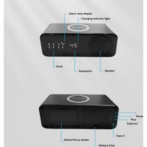 A black wireless charging speaker featuring a clock display, stopwatch, speaker, and mobile phone holder.
