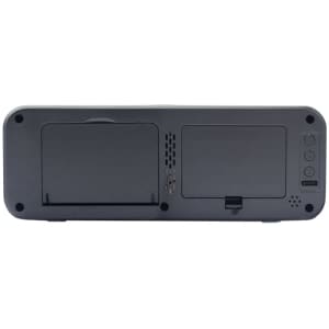 A black wireless charging speaker with multiple ports and buttons on the back, featuring a logo.