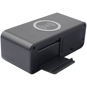 A black wireless charging speaker with a sleek design and a wireless charging pad on top.