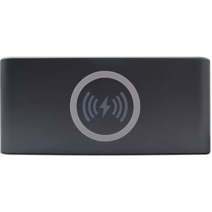 A black wireless charging speaker with a circular logo in the centre, featuring a minimalist design.