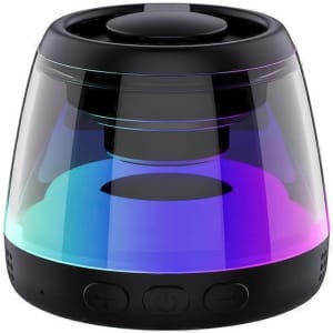 A Bluetooth speaker stand in black with a transparent casing featuring vibrant RGB LED lights.