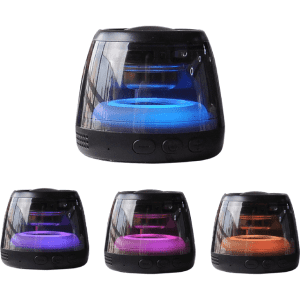 A Bluetooth speaker stand in black with RGB LED lights, showcasing various colours including blue, purple, and orange.
