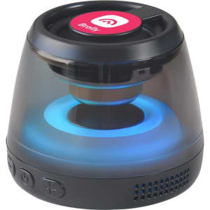 A compact black Bluetooth speaker stand featuring a vibrant RGB LED light and a logo on top.
