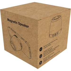 A cardboard box containing a magnetic Bluetooth speaker with a simple design and an accompanying branding logo.