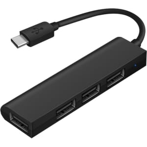 A black USB hub with one Type-C connector and three USB-A ports, featuring a simple and sleek design.