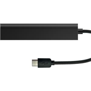 A black USB Type-C hub with a connected USB-A cable. It features a simple, sleek design and has a logo.