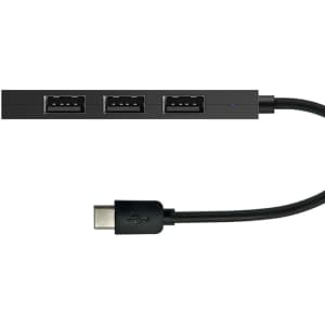 A black USB hub with three USB-A ports and a Type-C connector. It features a sleek, minimalist design.