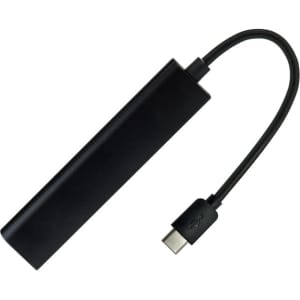 A black USB hub with a USB-A connector and a Type-C cable, featuring a sleek, elongated design.