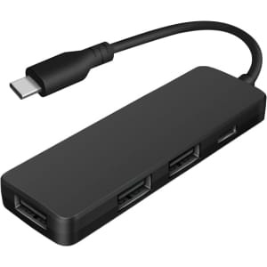 A black USB Type-C hub with multiple USB Type-A ports and a connecting cable. It features a sleek, rectangular design.