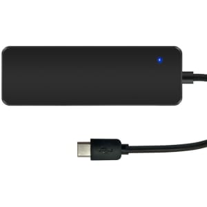 A black USB hub featuring USB Type-C and USB Type-A ports, with a blue indicator light and connecting cable.