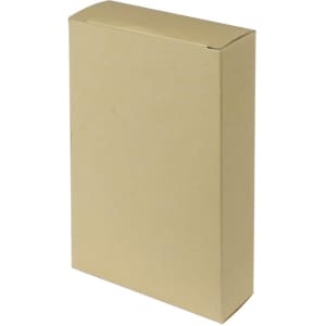 A plain brown cardboard box, rectangular in shape, with a tuck-top closure. It has no visible branding.