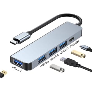 A silver USB hub with multiple ports, including USB 2.0 and USB 3.0, accompanied by various cables.