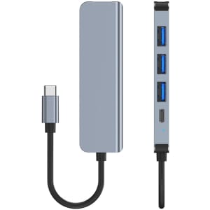 A grey USB hub with a Type-C connector and three USB ports on one side, featuring a sleek design and branding.