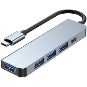 A silver Type-C hub with four USB ports and a flexible connection cable. It features a sleek, modern design.
