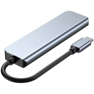 A sleek silver USB hub with a Type-C connector attached by a black cable. It has a modern, minimalist design.