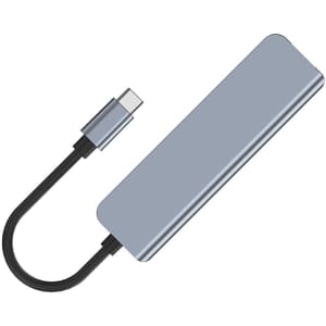 A silver USB Type-C hub with a black connector cable. It features a sleek, rectangular design.
